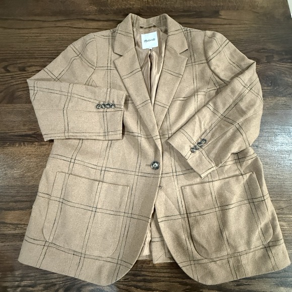 Madewell Larsen Blazer in Windowpane Camel Tan 1X Plus Womens Sz Wool Stripes - Picture 2 of 6
